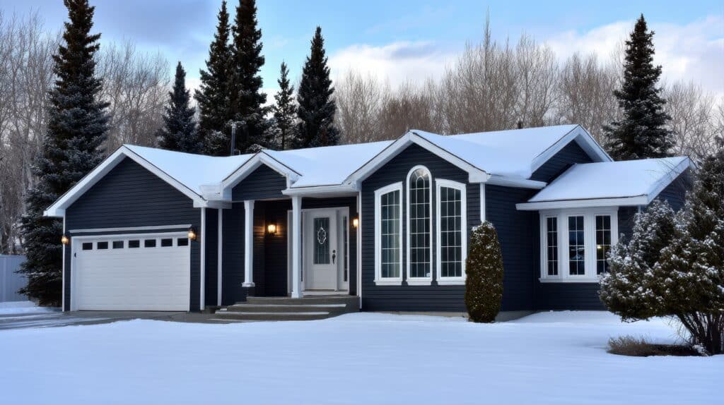 A warm and inviting house, adorned with sleek vinyl siding, stands in a winter wonderland. Freshly fallen snow blankets the ground, while evergreen trees add a touch of nature's beauty.
